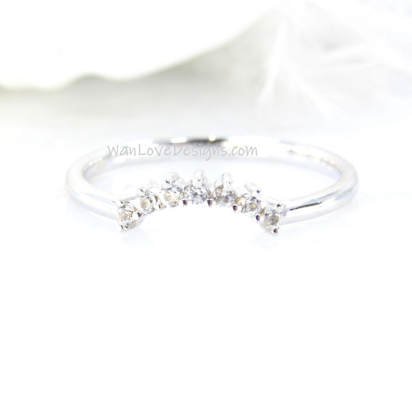 Ready to Ship White Gold White Sapphire Dainty Prong Minimalist Tiara Crown Curved Nesting Ring Wedding Band Wan Love Designs