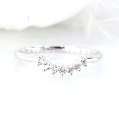 Ready to Ship White Gold White Sapphire Dainty Prong Minimalist Tiara Crown Curved Nesting Ring Wedding Band Wan Love Designs