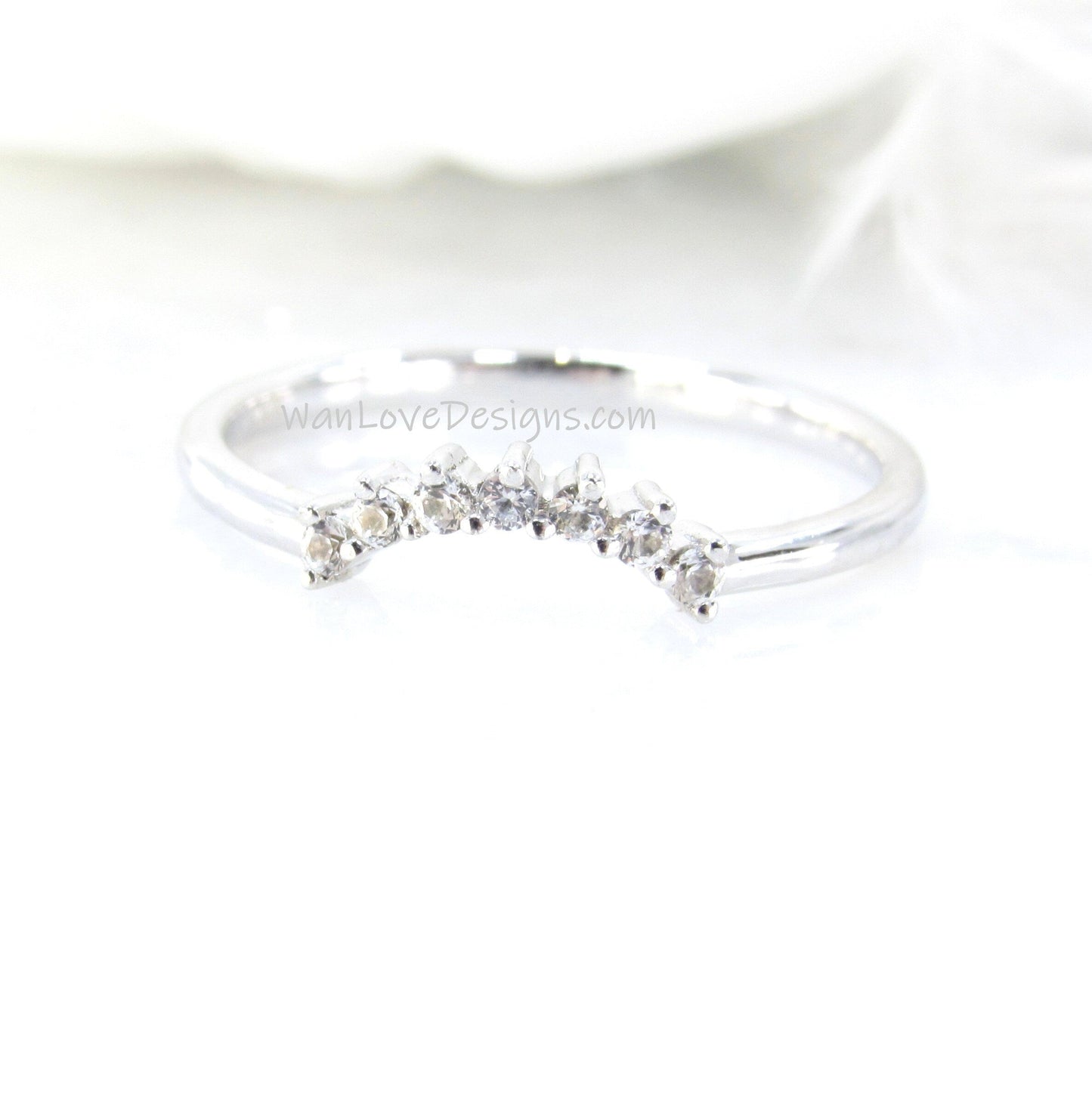 Ready to Ship White Gold White Sapphire Dainty Prong Minimalist Tiara Crown Curved Nesting Ring Wedding Band Wan Love Designs