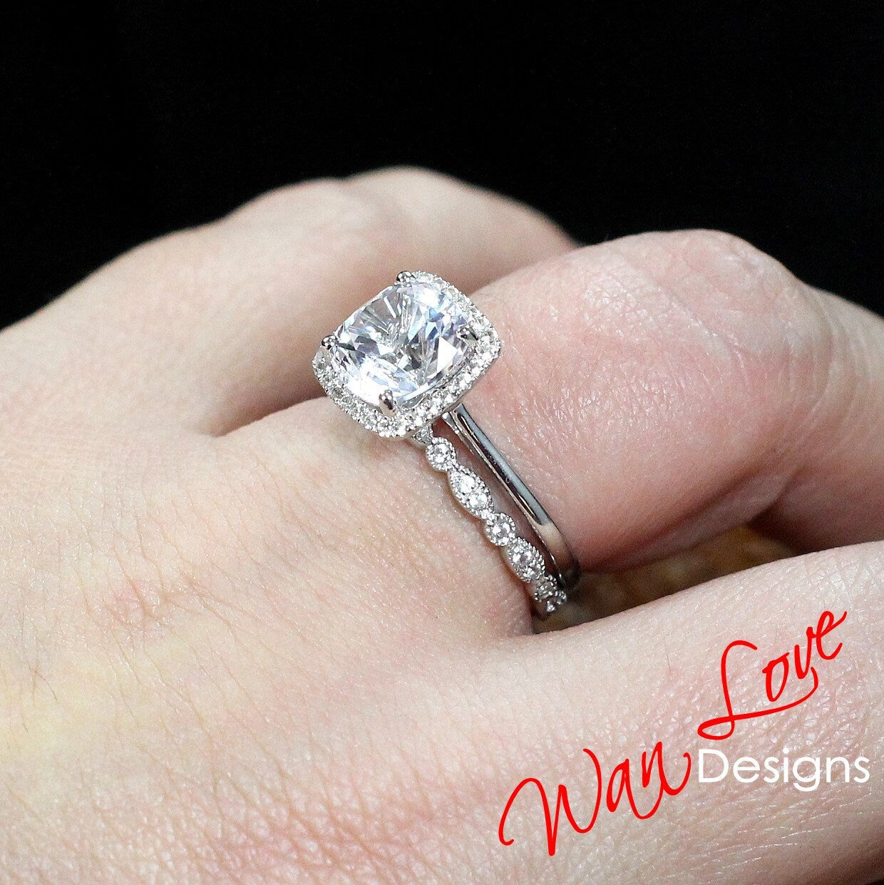 Ready to Ship White Sapphire Cushion Halo Engagement Ring Set, Milgrain Leaf Wedding Band,3ct-8mm-Custom-Anniversary Wan Love Designs