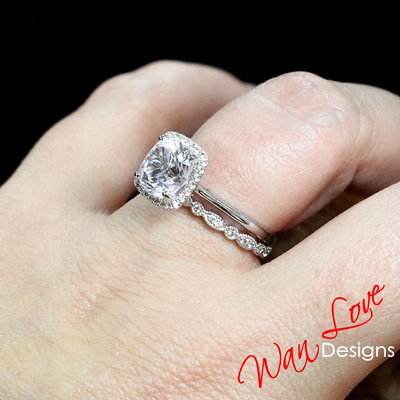 Ready to Ship White Sapphire Cushion Halo Engagement Ring Set, Milgrain Leaf Wedding Band,3ct-8mm-Custom-Anniversary Wan Love Designs