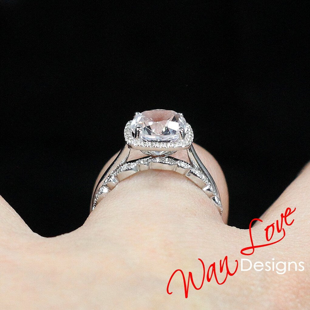 Ready to Ship White Sapphire Cushion Halo Engagement Ring Set, Milgrain Leaf Wedding Band,3ct-8mm-Custom-Anniversary Wan Love Designs