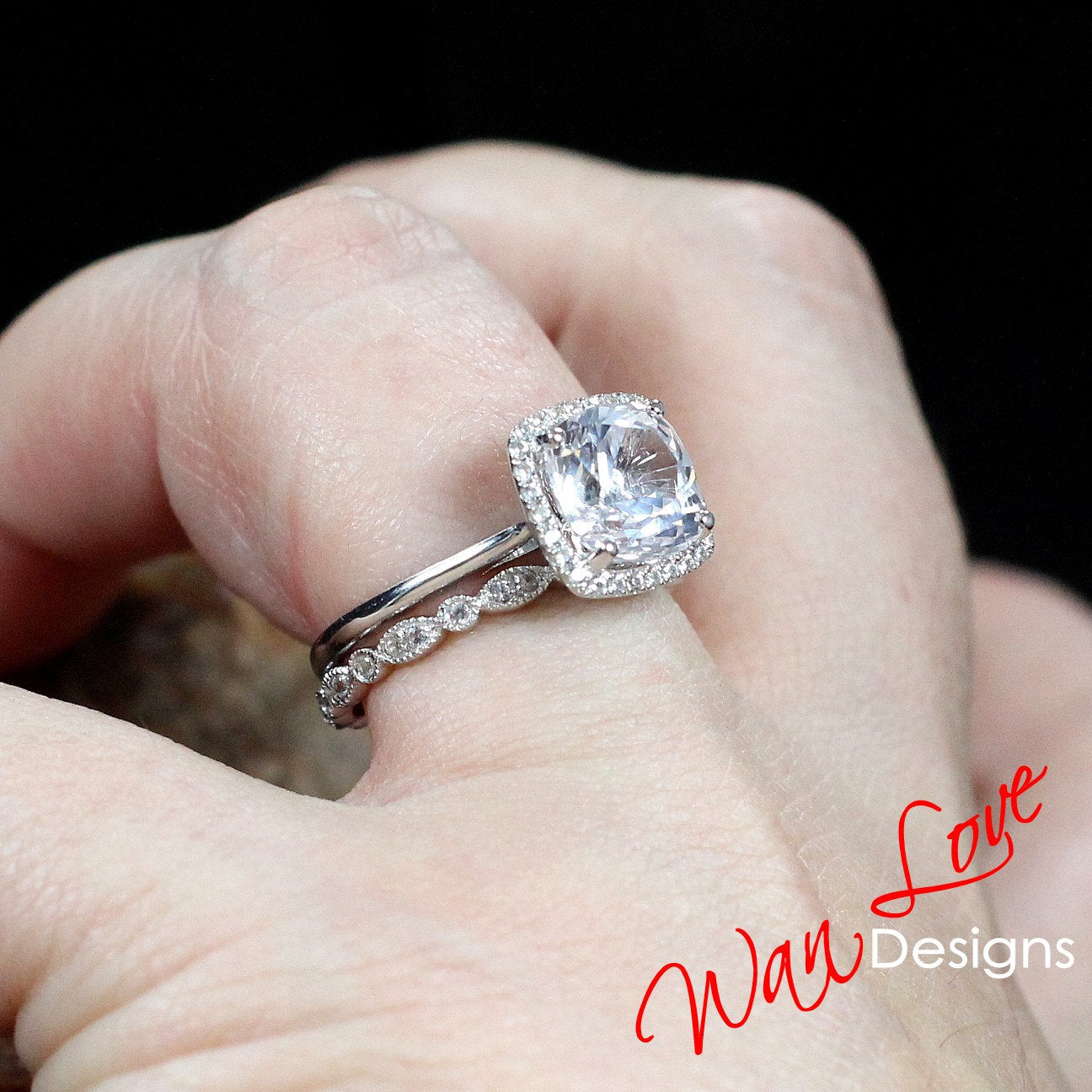 Ready to Ship White Sapphire Cushion Halo Engagement Ring Set, Milgrain Leaf Wedding Band,3ct-8mm-Custom-Anniversary Wan Love Designs