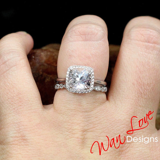 Ready to Ship White Sapphire Cushion Halo Engagement Ring Set, Milgrain Leaf Wedding Band,3ct-8mm-Custom-Anniversary Wan Love Designs