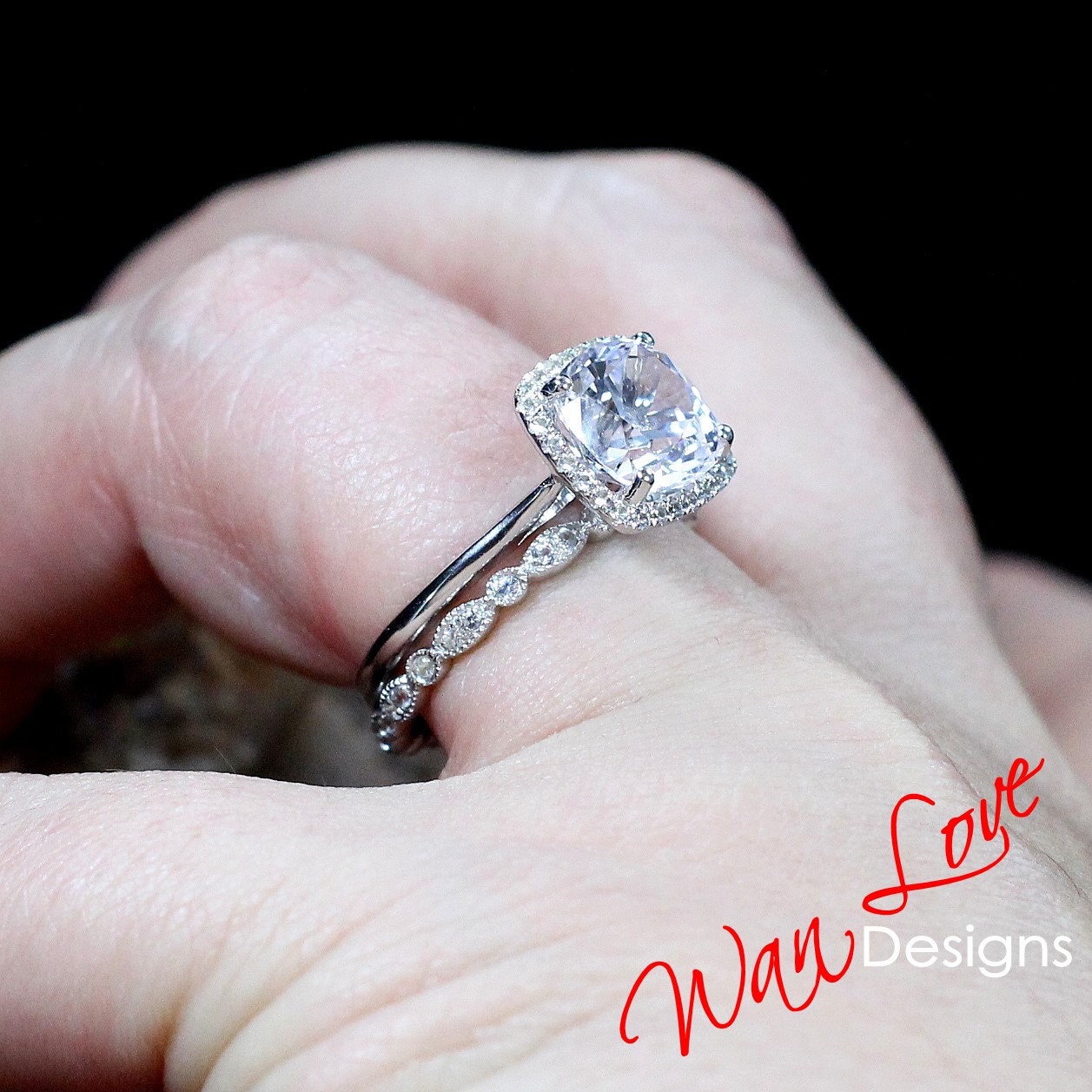 Ready to Ship White Sapphire Cushion Halo Engagement Ring Set, Milgrain Leaf Wedding Band,3ct-8mm-Custom-Anniversary Wan Love Designs