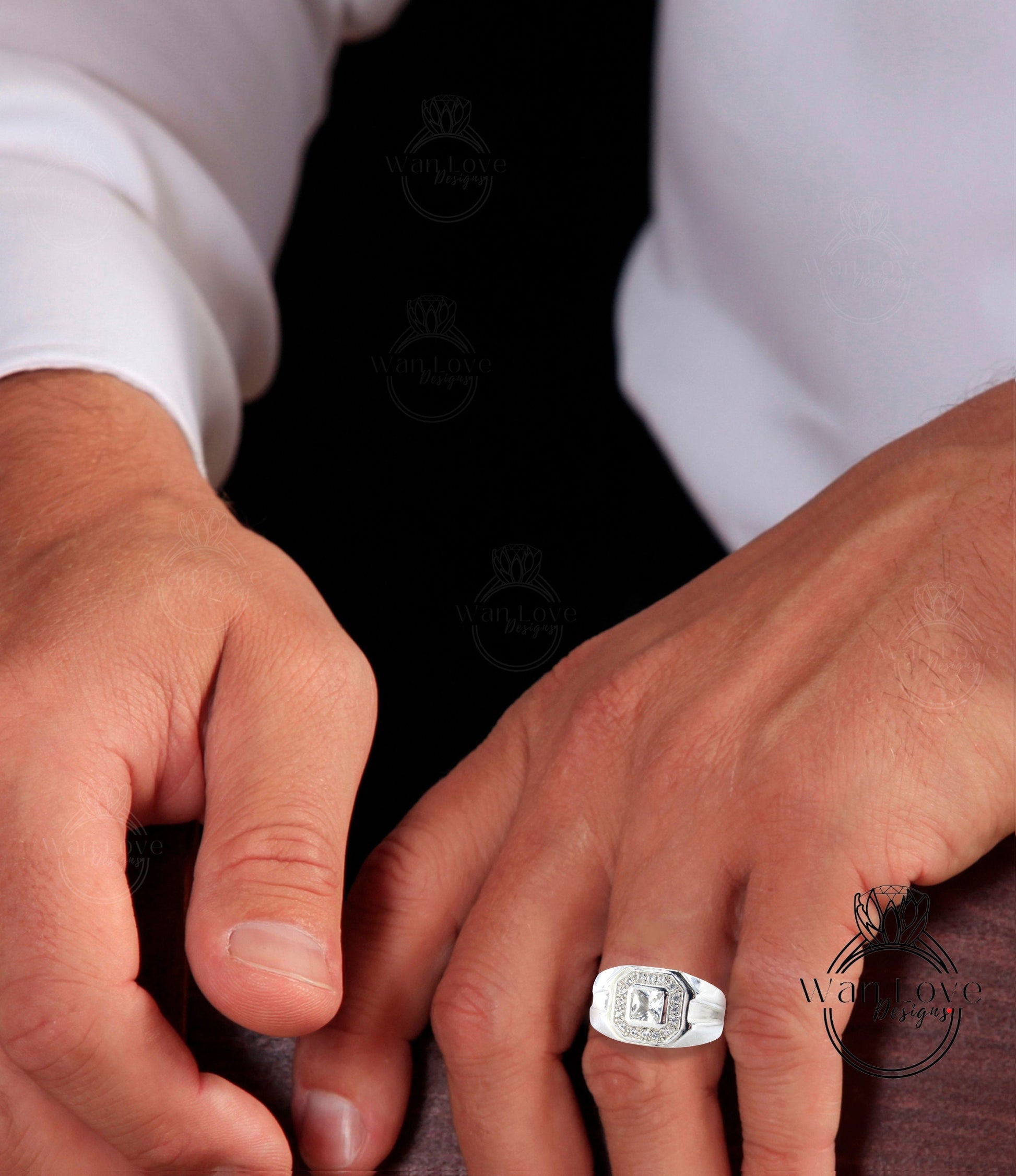 Ready to Ship White Sapphire Mens Wedding Ring Bands Ring Princess Halo .5ct Custom vintage Unique engagement ring mens wedding ring band Wan Love Designs