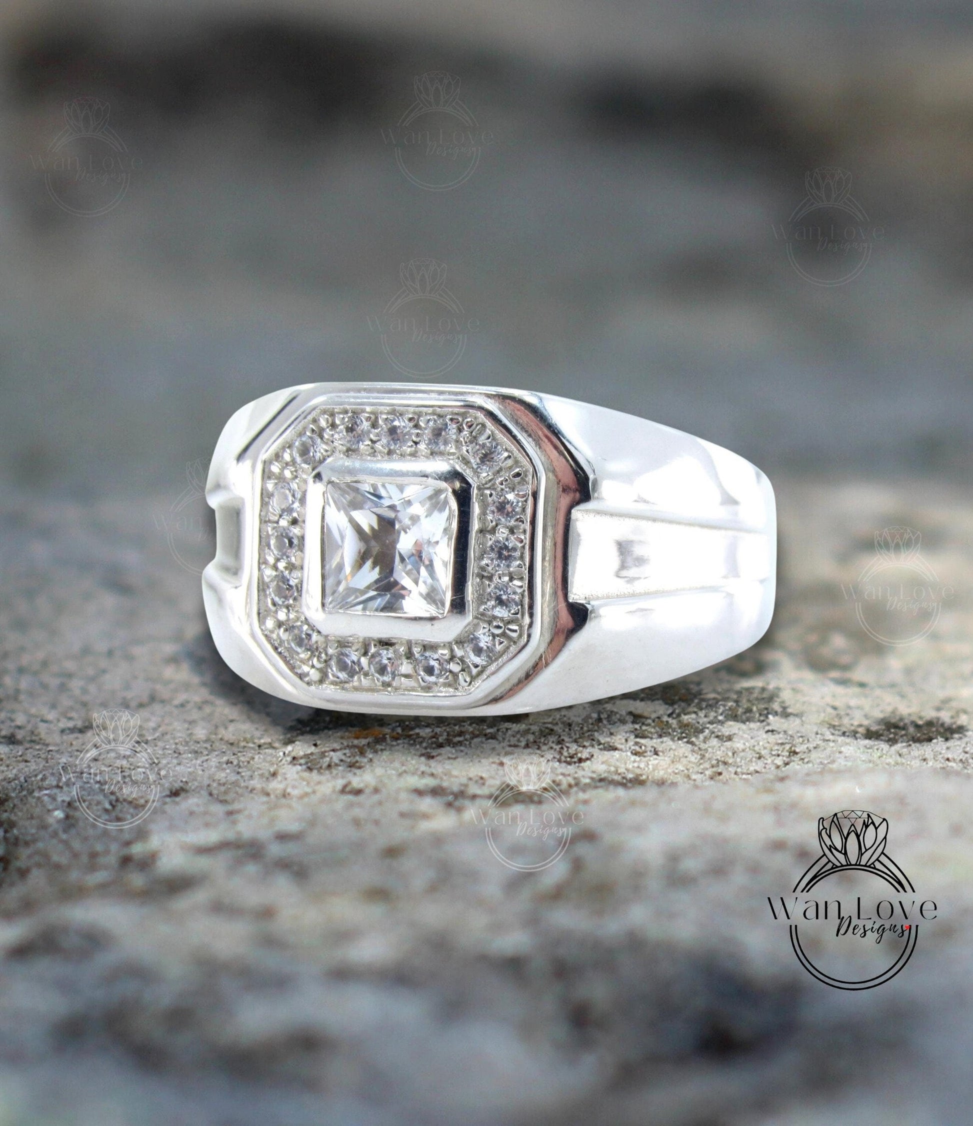 Ready to Ship White Sapphire Mens Wedding Ring Bands Ring Princess Halo .5ct Custom vintage Unique engagement ring mens wedding ring band Wan Love Designs