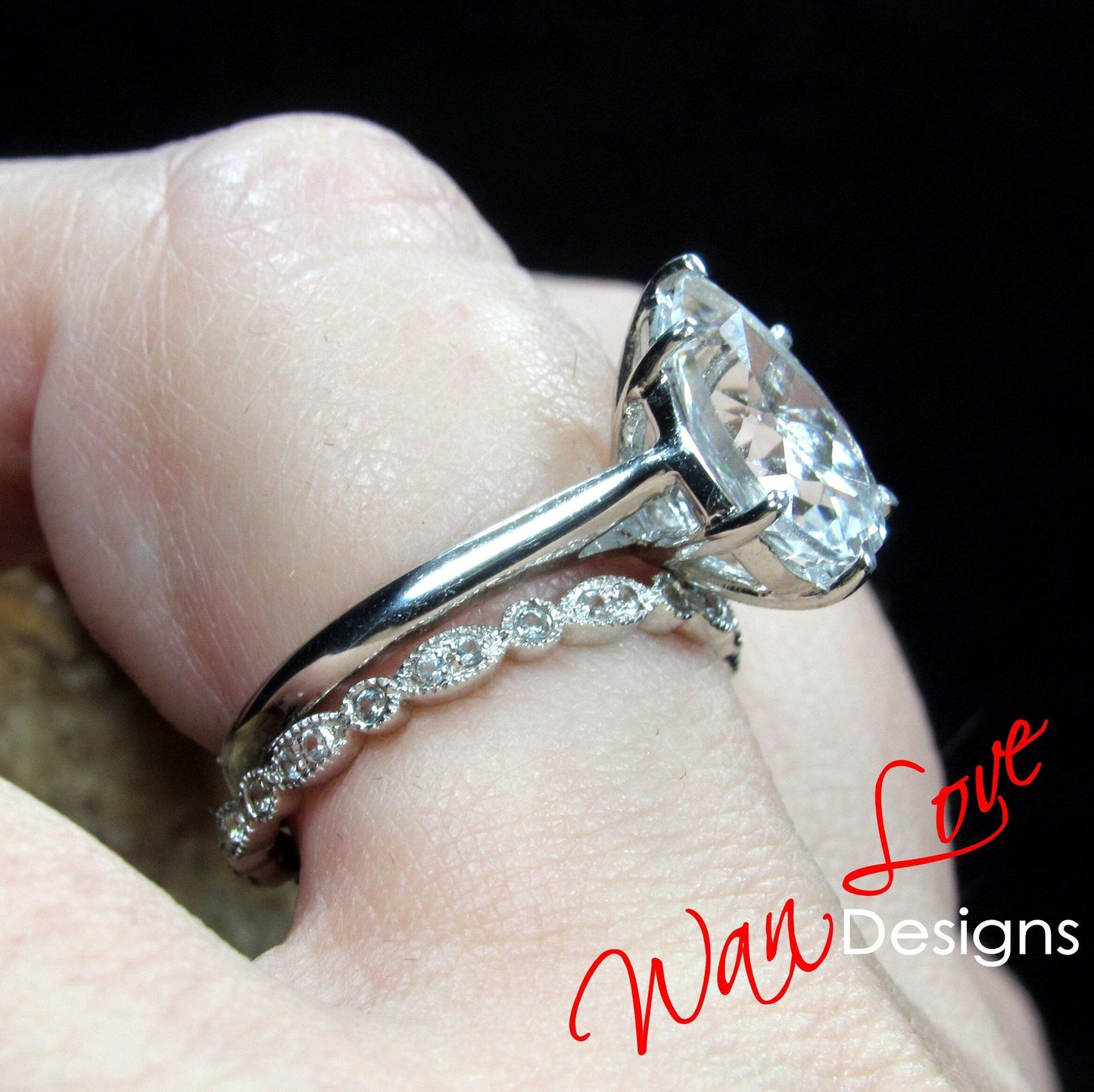 Ready to Ship White Sapphire Pear Engagement Ring set Milgrain Leaf Wedding Band, 4.5ct 12x8mm Custom Wan Love Designs