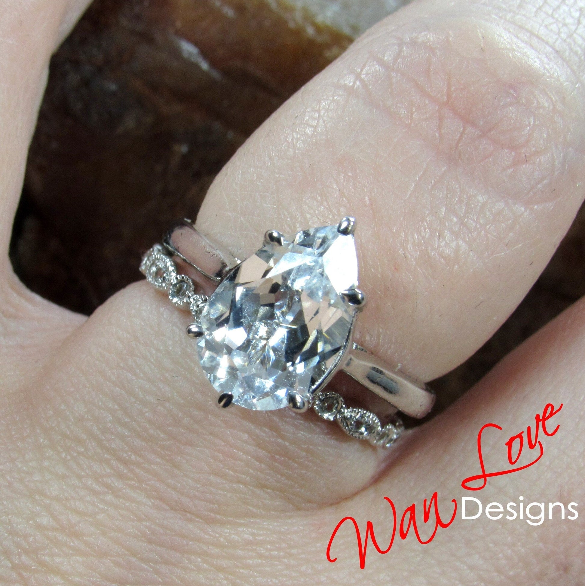 Ready to Ship White Sapphire Pear Engagement Ring set Milgrain Leaf Wedding Band, 4.5ct 12x8mm Custom Wan Love Designs