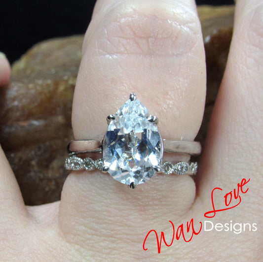 Ready to Ship White Sapphire Pear Engagement Ring set Milgrain Leaf Wedding Band, 4.5ct 12x8mm Custom Wan Love Designs