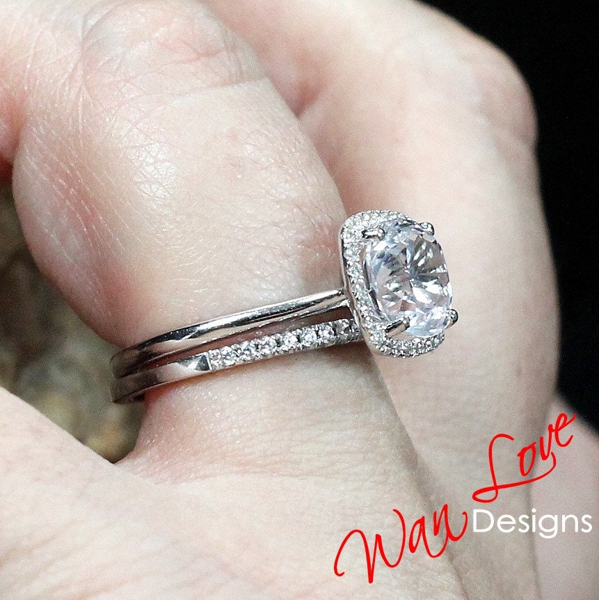 Ready to ship 2.5ct White Sapphire Cushion Halo Engagement Ring Set, Halfway Eternity Wedding Band, 8mm Anniversary Gift Wan Love Designs