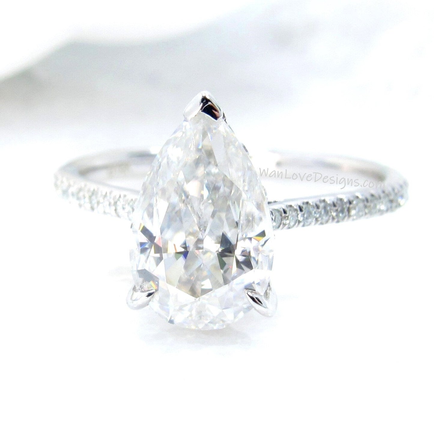 Ready to ship 3ct Moissanite Hidden Side Halo Pear Engagement Ring 14k White Gold, Almost Eternity 3/4 Band Shank, WanLoveDesigns Wan Love Designs