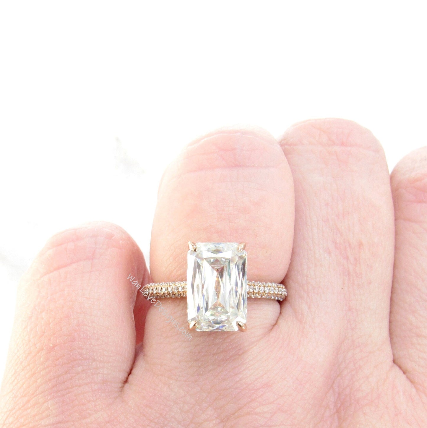 Ready to ship 6ct Vintage Moissanite Engagement Ring Rose Gold Criss Cut Emerald Cut Ring side Halo Moissanite ring Bridal Anniversary ring Wan Love Designs