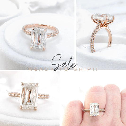 Ready to ship 6ct Vintage Moissanite Engagement Ring Rose Gold Criss Cut Emerald Cut Ring side Halo Moissanite ring Bridal Anniversary ring Wan Love Designs