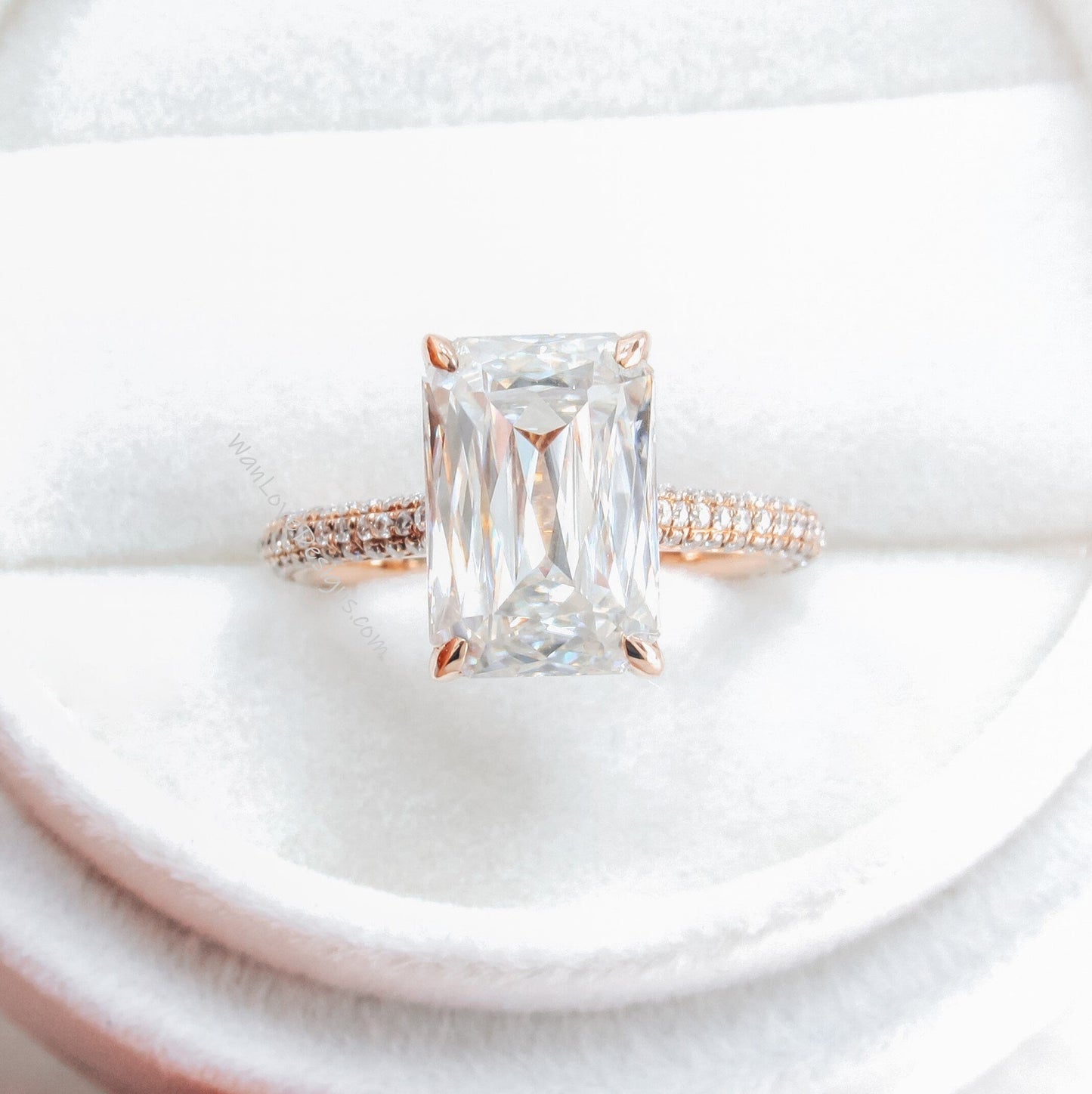 Ready to ship 6ct Vintage Moissanite Engagement Ring Rose Gold Criss Cut Emerald Cut Ring side Halo Moissanite ring Bridal Anniversary ring Wan Love Designs