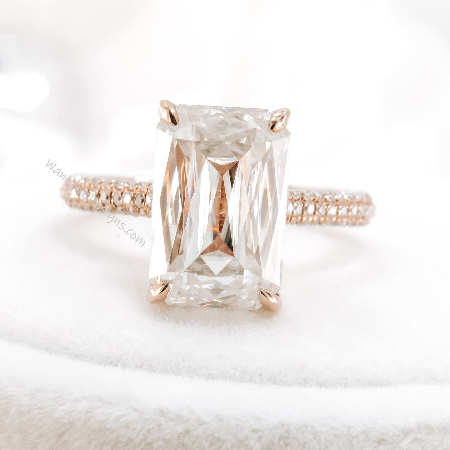 Ready to ship 6ct Vintage Moissanite Engagement Ring Rose Gold Criss Cut Emerald Cut Ring side Halo Moissanite ring Bridal Anniversary ring Wan Love Designs