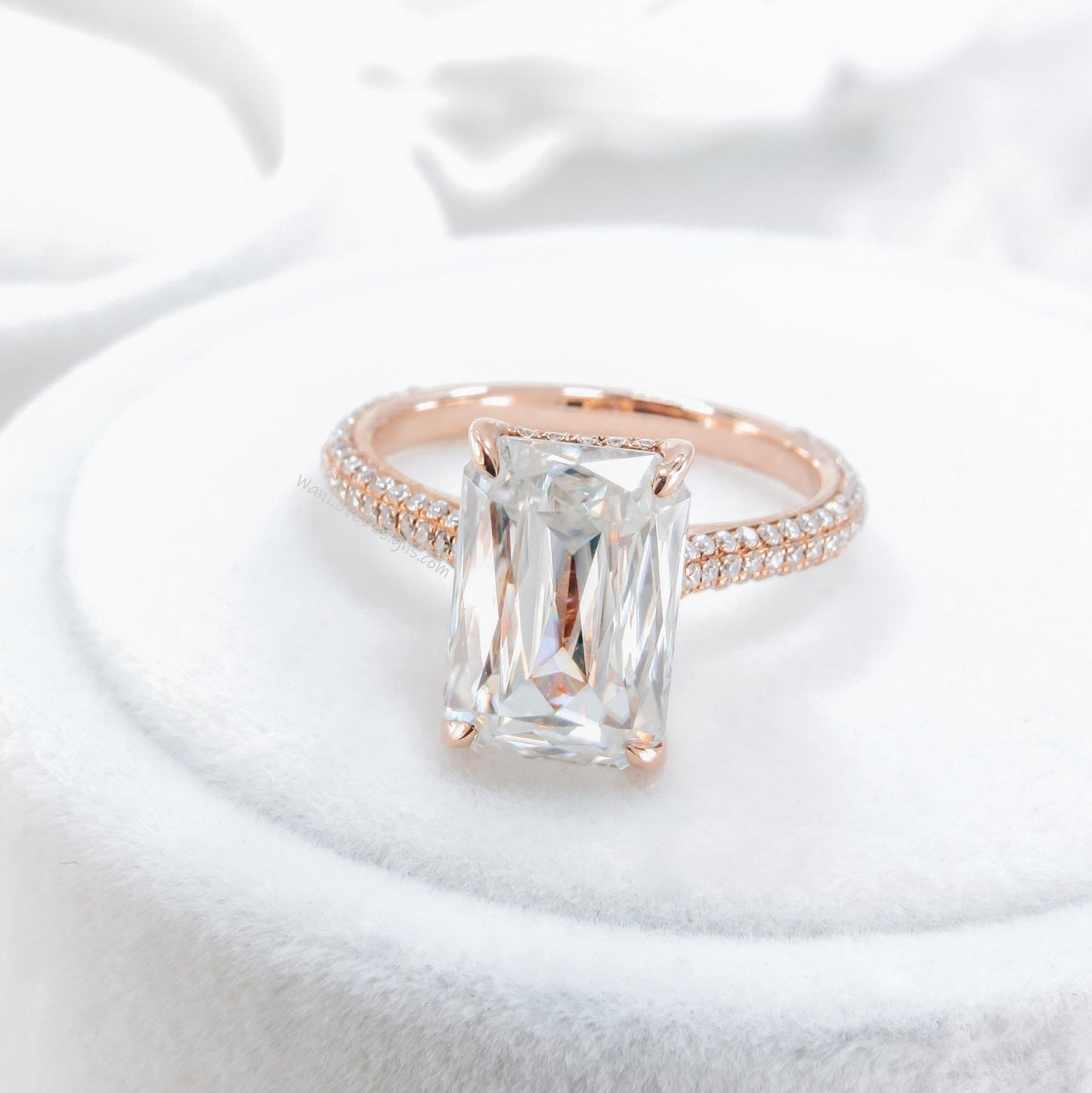 Ready to ship 6ct Vintage Moissanite Engagement Ring Rose Gold Criss Cut Emerald Cut Ring side Halo Moissanite ring Bridal Anniversary ring Wan Love Designs