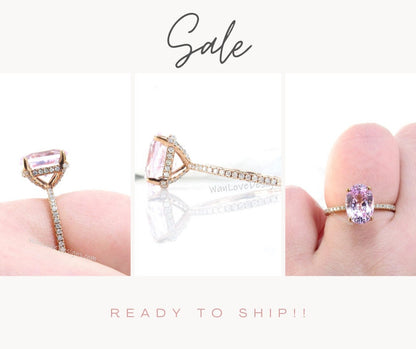 Ready to ship Side Halo Oval Peach Sapphire engagement ring rose gold diamond half halo bridal Antique wedding ring Wan Love Designs