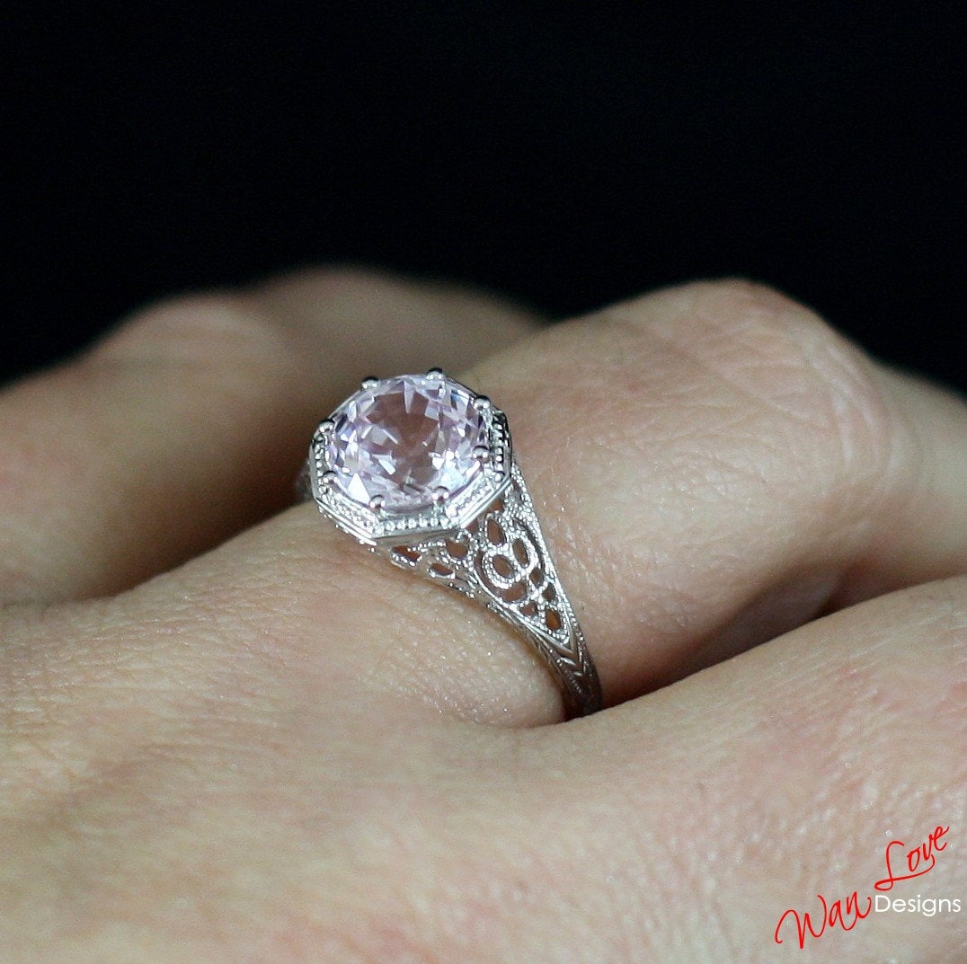 Ready to ship White Sapphire Milgrain Filigree Solitaire Round cut Engagement Ring 8 prongs 2ct 8mm Silver Rhodium Wedding Anniversary Gift Wan Love Designs