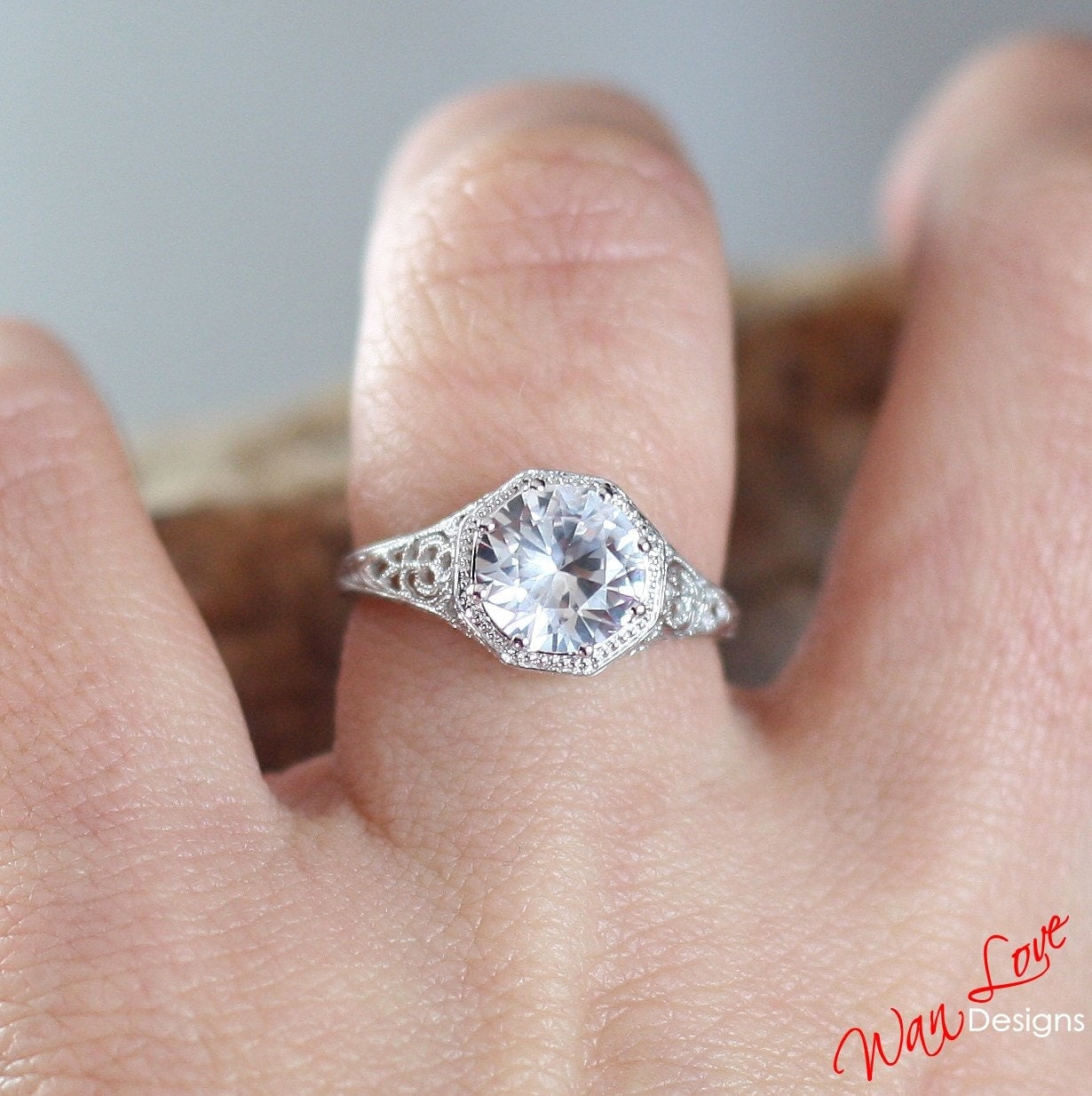 Ready to ship White Sapphire Milgrain Filigree Solitaire Round cut Engagement Ring 8 prongs 2ct 8mm Silver Rhodium Wedding Anniversary Gift Wan Love Designs