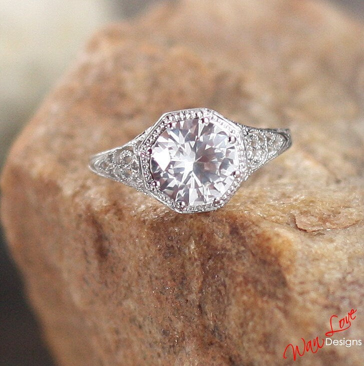 Ready to ship White Sapphire Milgrain Filigree Solitaire Round cut Engagement Ring 8 prongs 2ct 8mm Silver Rhodium Wedding Anniversary Gift Wan Love Designs