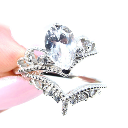 Ready to ship White gold Pear Shape Royal Crown Engagement Ring, Women ring Vintage Pear White Sapphire ring Cluster Curved Band Bridal Set Wan Love Designs