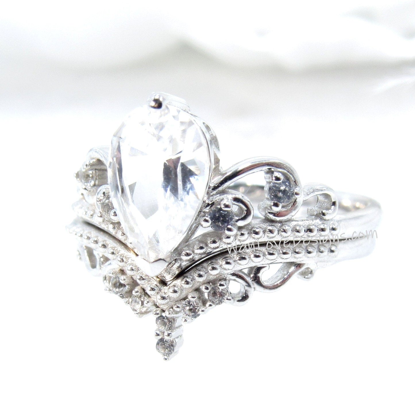 Ready to ship White gold Pear Shape Royal Crown Engagement Ring, Women ring Vintage Pear White Sapphire ring Cluster Curved Band Bridal Set Wan Love Designs