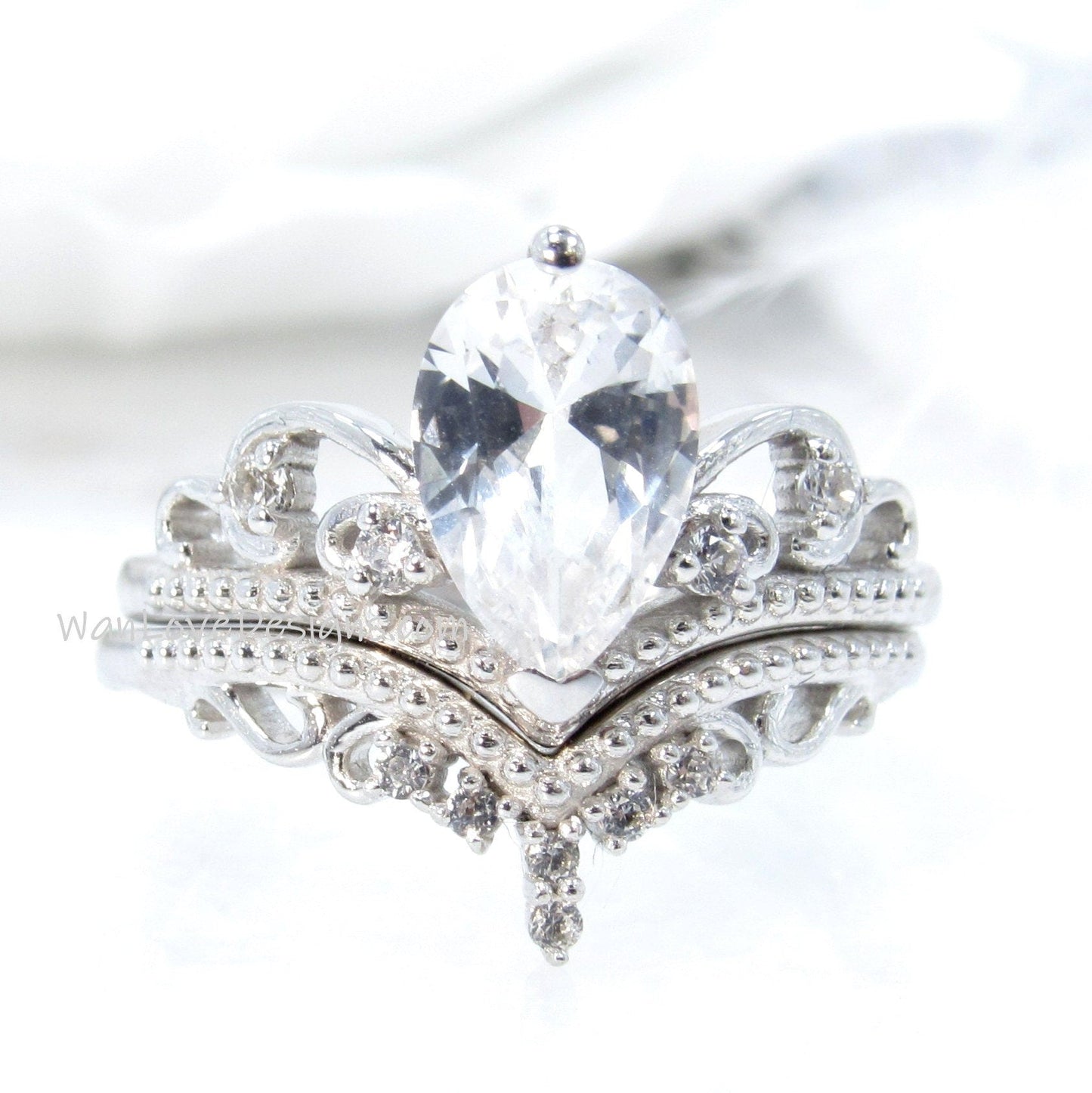 Ready to ship White gold Pear Shape Royal Crown Engagement Ring, Women ring Vintage Pear White Sapphire ring Cluster Curved Band Bridal Set Wan Love Designs