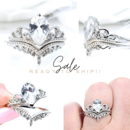 Ready to ship White gold Pear Shape Royal Crown Engagement Ring, Women ring Vintage Pear White Sapphire ring Cluster Curved Band Bridal Set Wan Love Designs