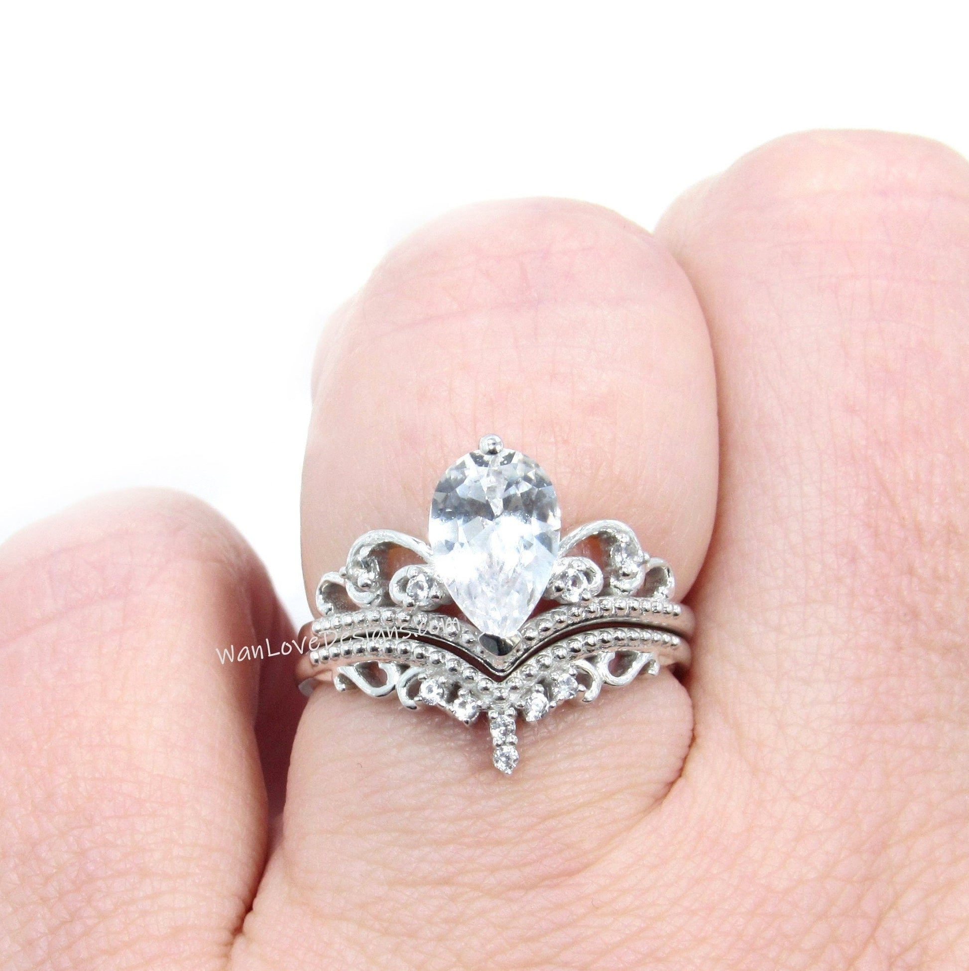 Ready to ship White gold Pear Shape Royal Crown Engagement Ring, Women ring Vintage Pear White Sapphire ring Cluster Curved Band Bridal Set Wan Love Designs