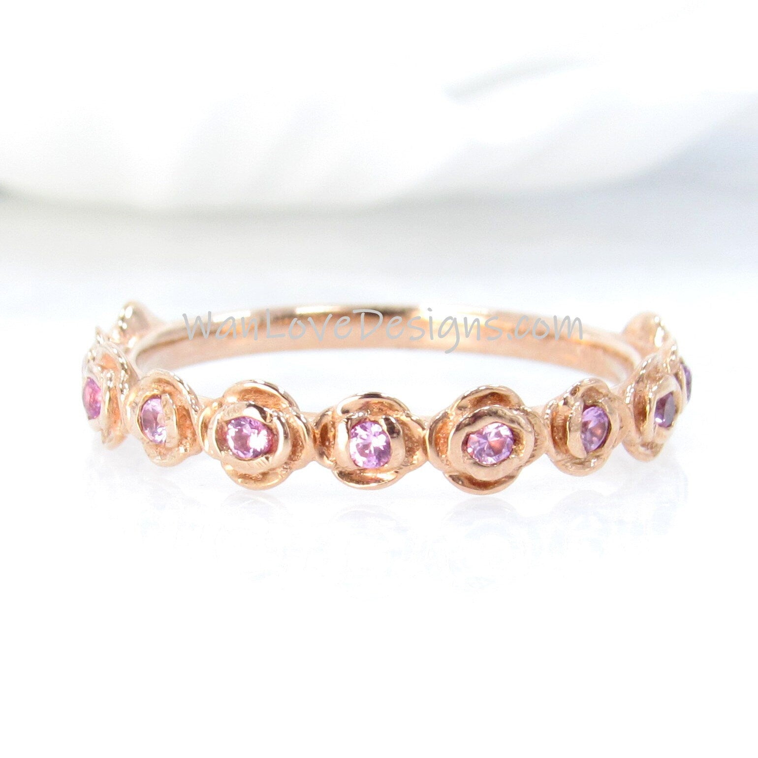 Rose Floral Gifts For Her/ Stacking Ring/ Solid 14K Rose Gold Rings/ Pink Sapphire Matching Bands/ Custom Wedding Ring/ Unique Promise Ring Wan Love Designs