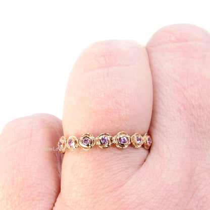 Rose Floral Gifts For Her/ Stacking Ring/ Solid 14K Rose Gold Rings/ Pink Sapphire Matching Bands/ Custom Wedding Ring/ Unique Promise Ring Wan Love Designs