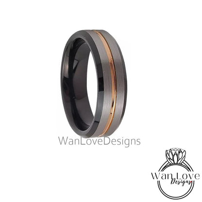 Rose Gold Black Tungsten Ring  - Mens Brushed Silver Beveled Wedding Band - Rose gold stripe, Mens 6mm Ring, Black Tungsten Wedding Ring Wan Love Designs