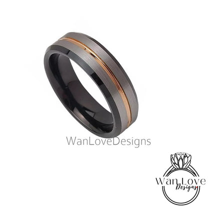 Rose Gold Black Tungsten Ring  - Mens Brushed Silver Beveled Wedding Band - Rose gold stripe, Mens 6mm Ring, Black Tungsten Wedding Ring Wan Love Designs