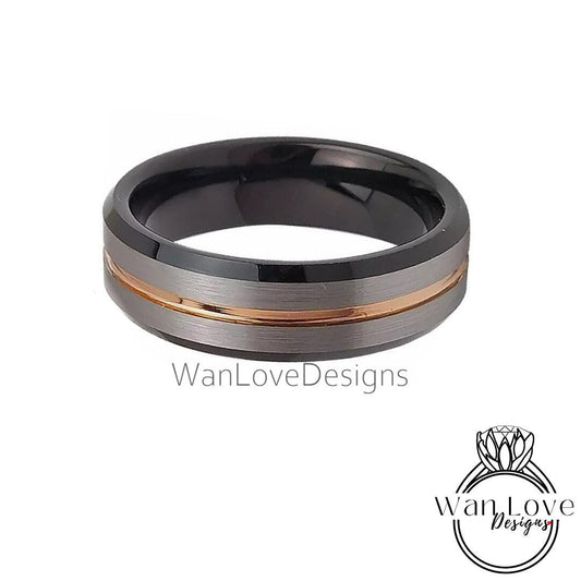 Rose Gold Black Tungsten Ring  - Mens Brushed Silver Beveled Wedding Band - Rose gold stripe, Mens 6mm Ring, Black Tungsten Wedding Ring Wan Love Designs