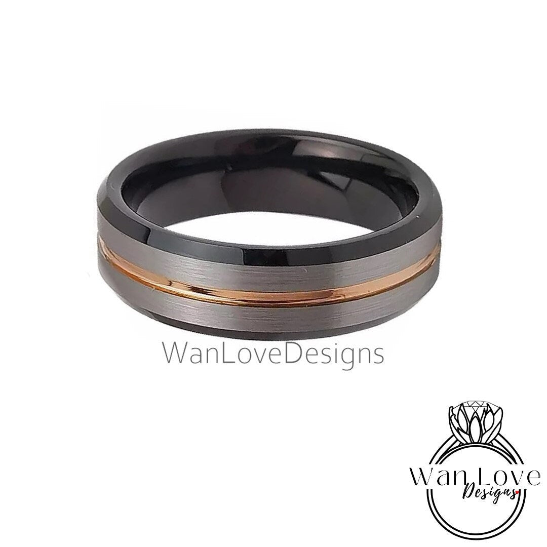 Rose Gold Black Tungsten Ring  - Mens Brushed Silver Beveled Wedding Band - Rose gold stripe, Mens 6mm Ring, Black Tungsten Wedding Ring Wan Love Designs