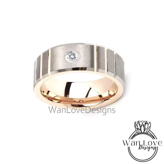 Rose Gold Silver Men's Moissanite Diamonds Wedding Ring, Grooved Tungsten Wedding Ring, Mens Engagement Ring Wedding Band, Man Anniversary Wan Love Designs