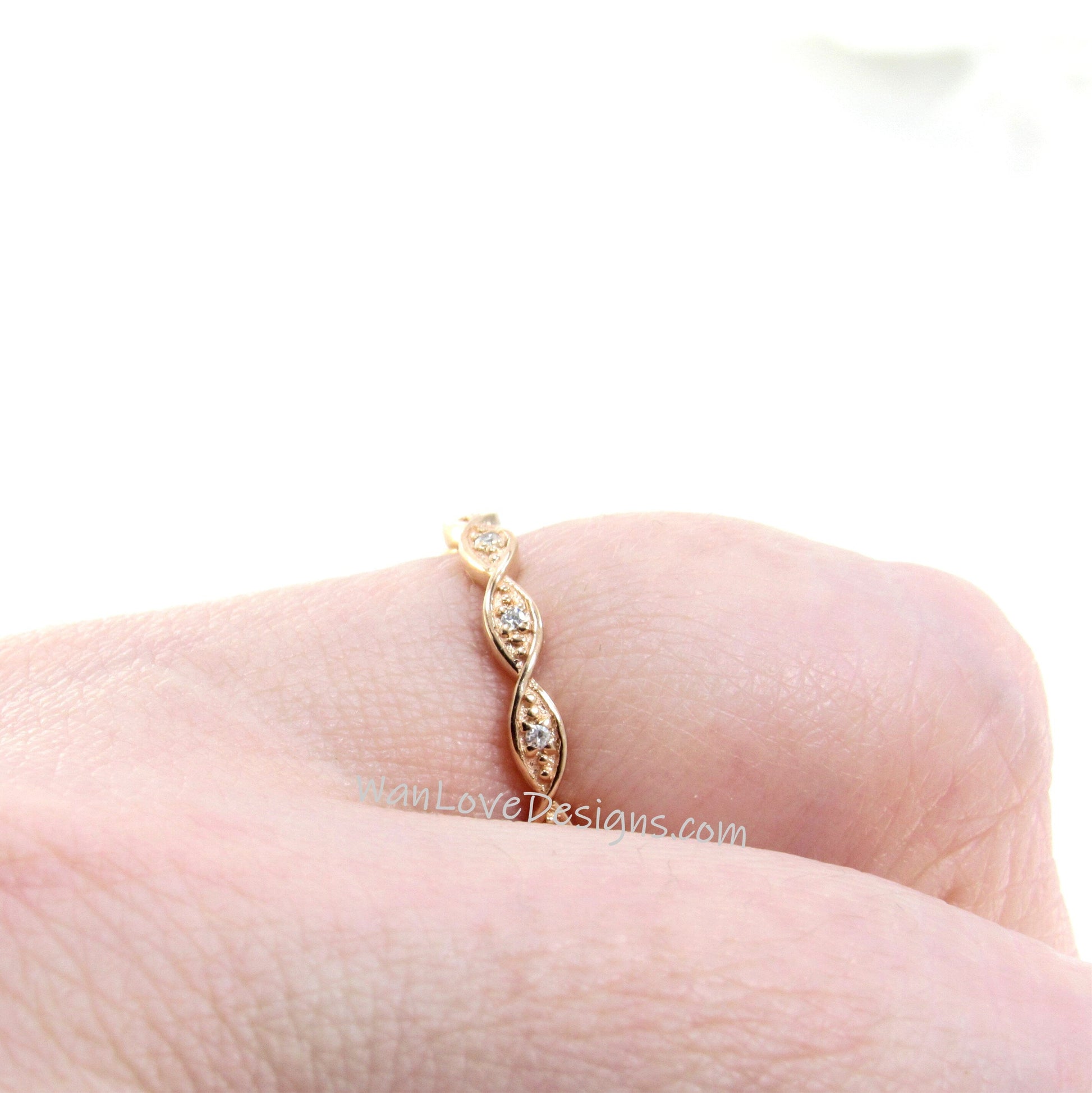 Rose Gold Thin Diamonds Twisted DNA Infinity Almost Eternity Wedding Band Ring, Ready to Ship Wan Love Designs