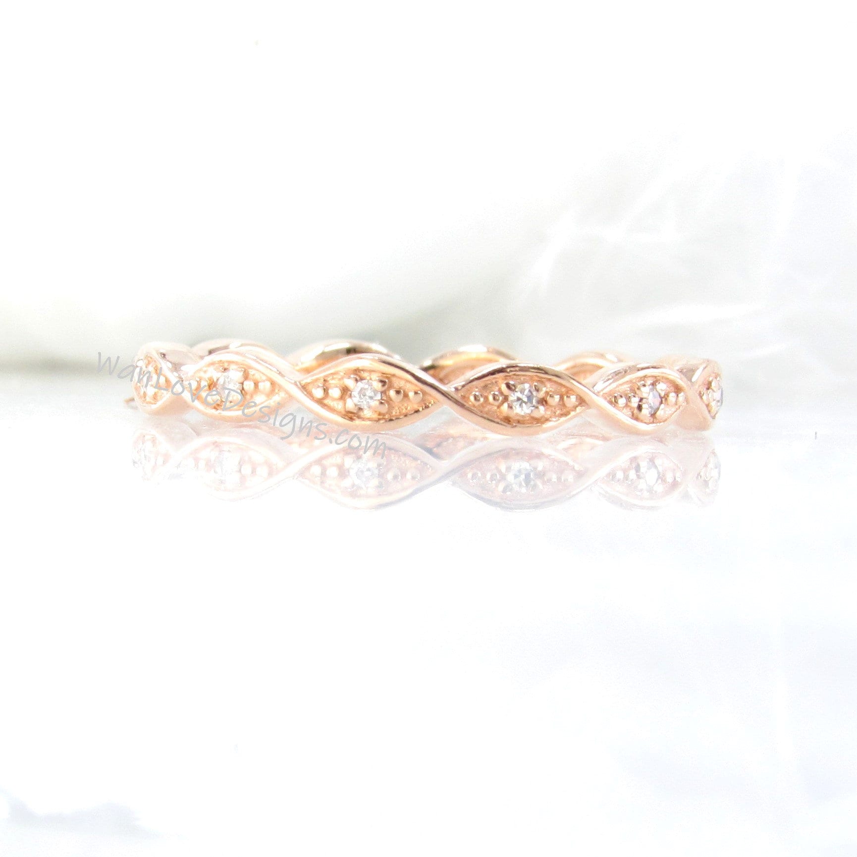 Rose Gold Thin Diamonds Twisted DNA Infinity Almost Eternity Wedding Band Ring, Ready to Ship Wan Love Designs