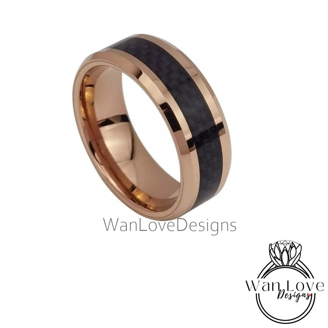 Rose Gold Wedding Band Mens Tungsten Wedding Ring, 8mm Black Carbon Fiber Band, Mens Engagement Ring, Male Promise Ring, Modern Black Ring Wan Love Designs