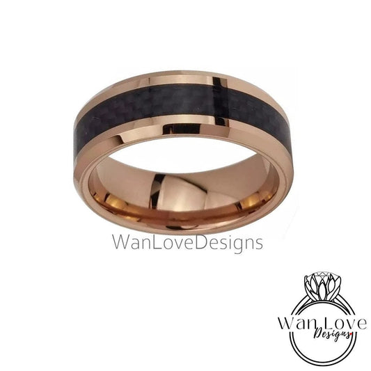 Rose Gold Wedding Band Mens Tungsten Wedding Ring, 8mm Black Carbon Fiber Band, Mens Engagement Ring, Male Promise Ring, Modern Black Ring Wan Love Designs