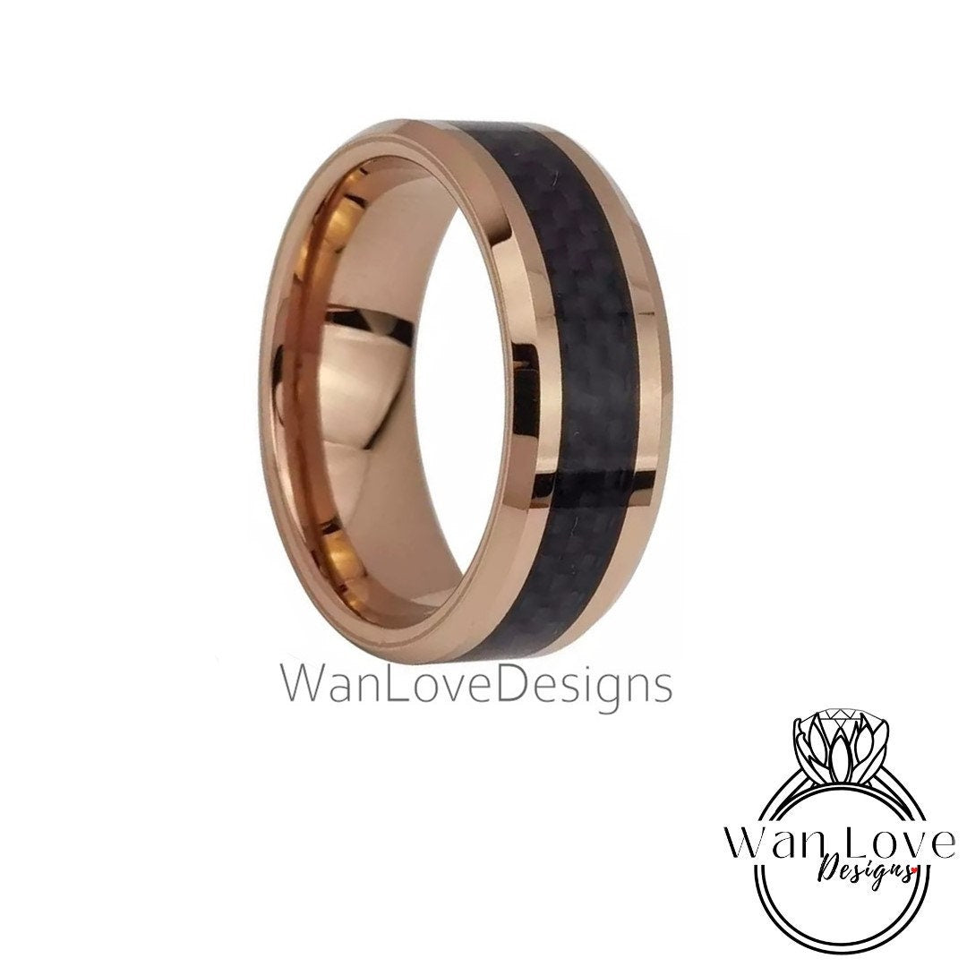 Rose Gold Wedding Band Mens Tungsten Wedding Ring, 8mm Black Carbon Fiber Band, Mens Engagement Ring, Male Promise Ring, Modern Black Ring Wan Love Designs