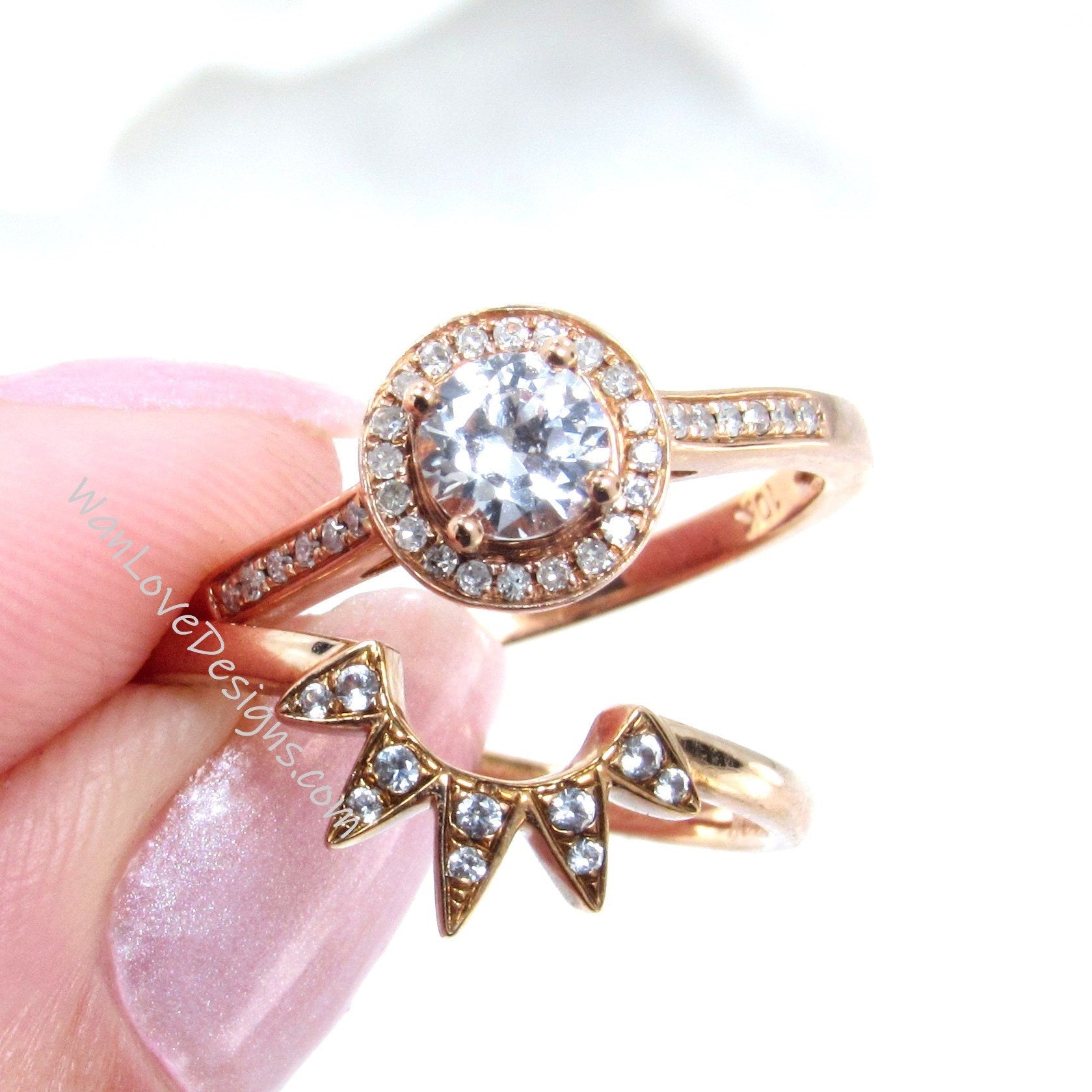 Rose Gold White Sapphire Round Cut Diamond Halo Engagement Ring, Round Diamond ring set, Sapphire Bridal ring set, Gift for her, Ready Ship Wan Love Designs