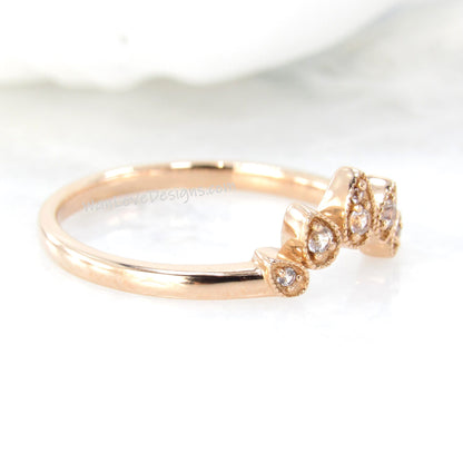 Rose Gold White Sapphire Wedding Band Women vintage curved wedding ring bridal band leaf pear milgrain ring anniversary band-Ready to Ship Wan Love Designs