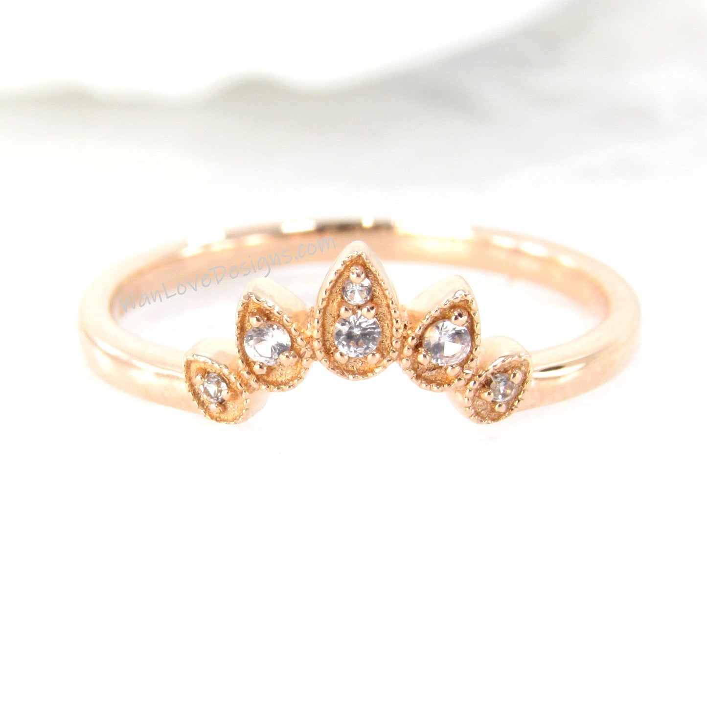 Rose Gold White Sapphire Wedding Band Women vintage curved wedding ring bridal band leaf pear milgrain ring anniversary band-Ready to Ship Wan Love Designs