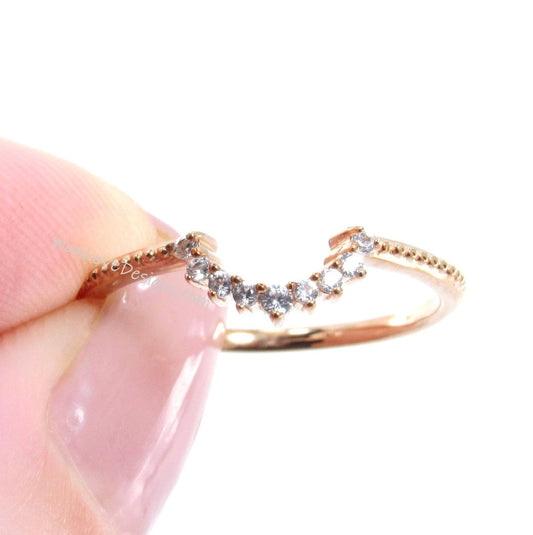 Rose Gold White Sapphire band Curved milgrain wedding band Filigree Milgrain Half Eternity Wedding Band Ring Anniversary her wedding jewelry Wan Love Designs