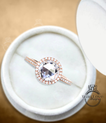Rose cut Moissanite Diamond Halo Ring Round diamond halo Engagement Ring Art Deco rose gold vintage Halo Ring wedding bridal antique ring Wan Love Designs