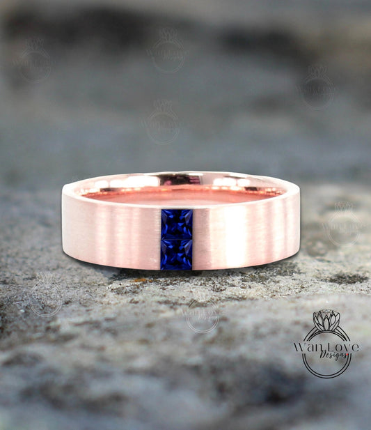 Rose gold Blue Sapphire men's Band vintage two stones princess cut wedding ring unique Bridal ring promise anniversary ring solid gold band Wan Love Designs