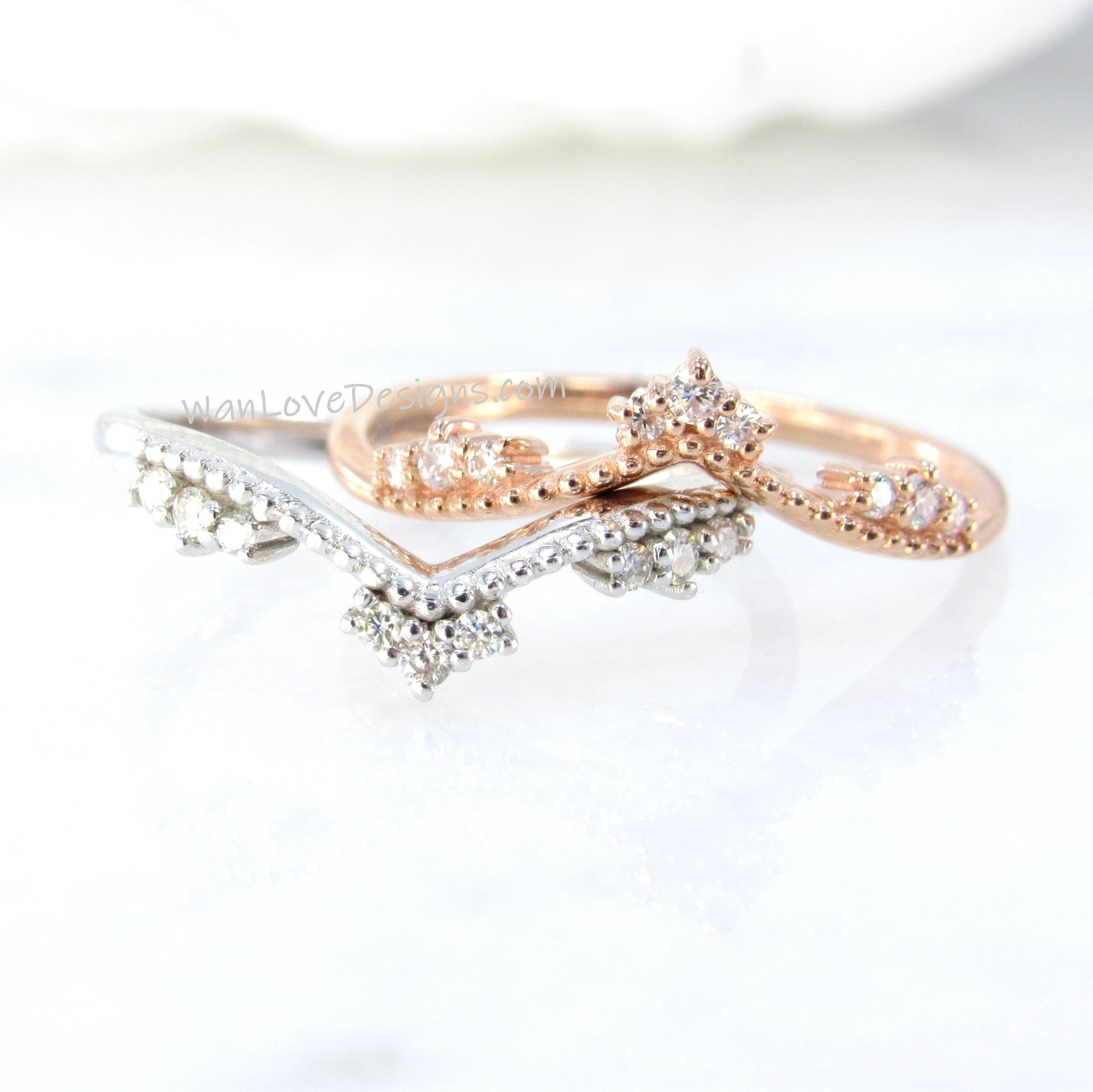 Rose or White Gold Moissanite Dainty Crown Tiara band V Chevron Ring art deco Diamond Stacking Ring vintage matching bridal ring gift Ready Wan Love Designs