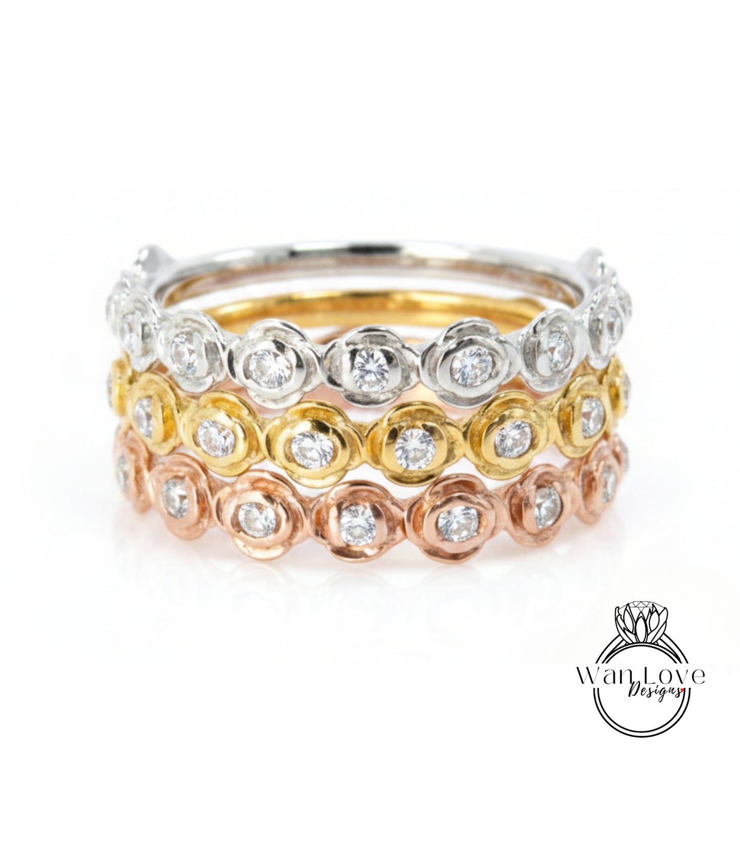Anello con diamanti floreali con rose/ Anello abbinato unico/ Fedi nuziali da donna/ Anello impilabile Moissanite/ Anello ispirato alla natura/ Scelta della gemma della pietra portafortuna